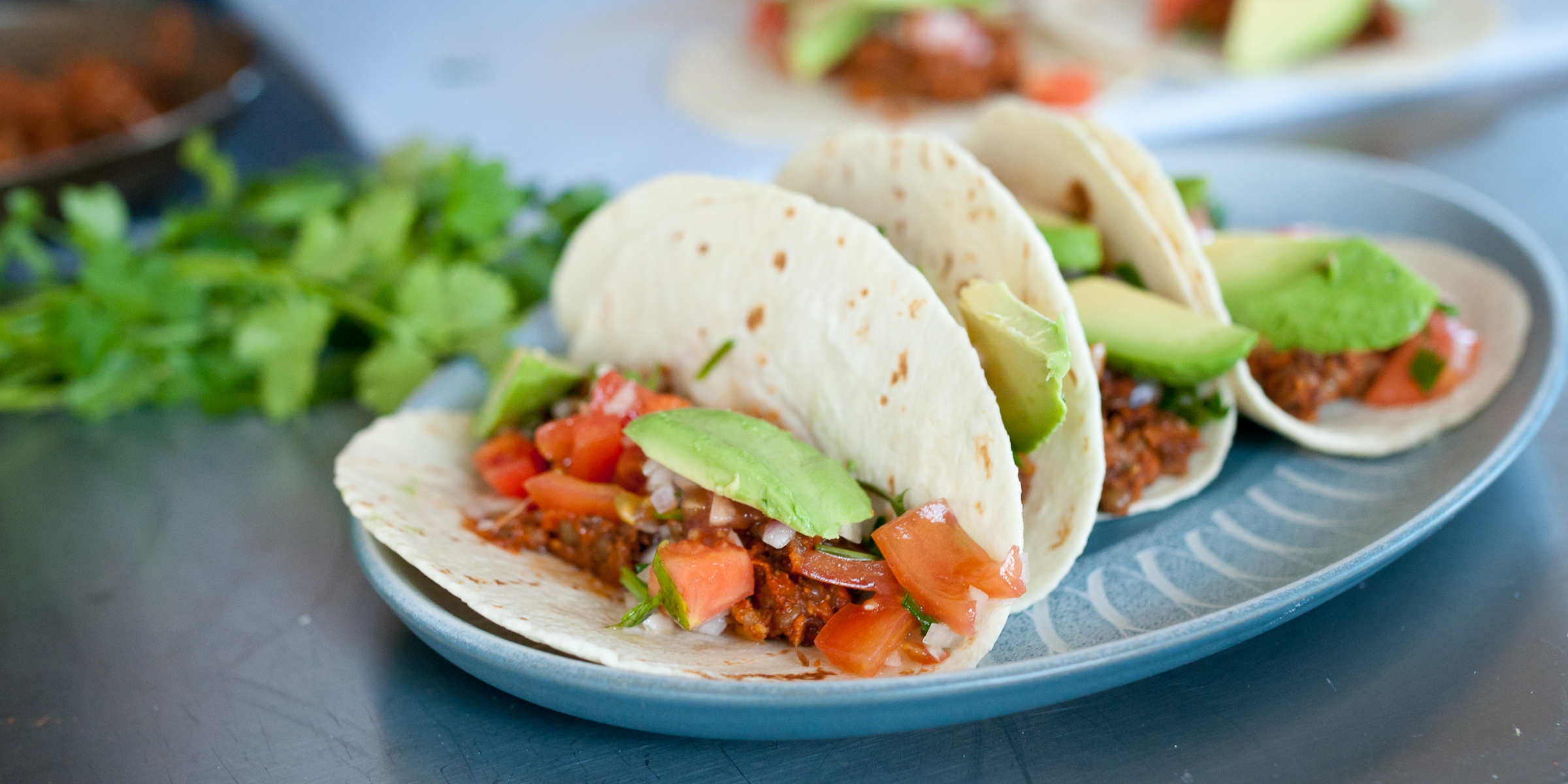 Ancho lentil tacos with pico de gallo and avocado