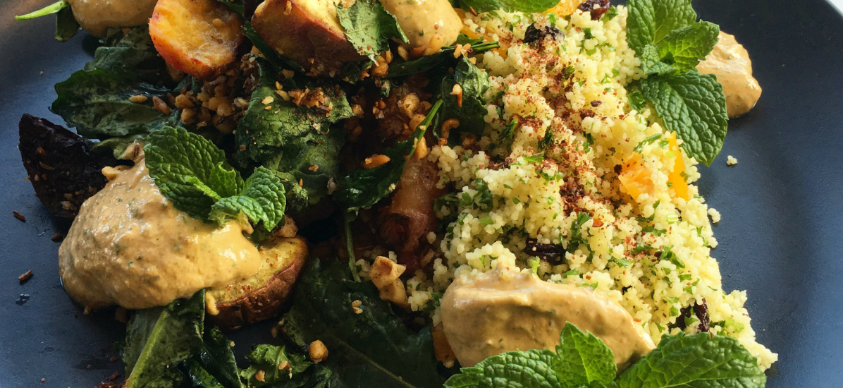 Roast vegetables with Moroccan couscous and harissa yoghurt