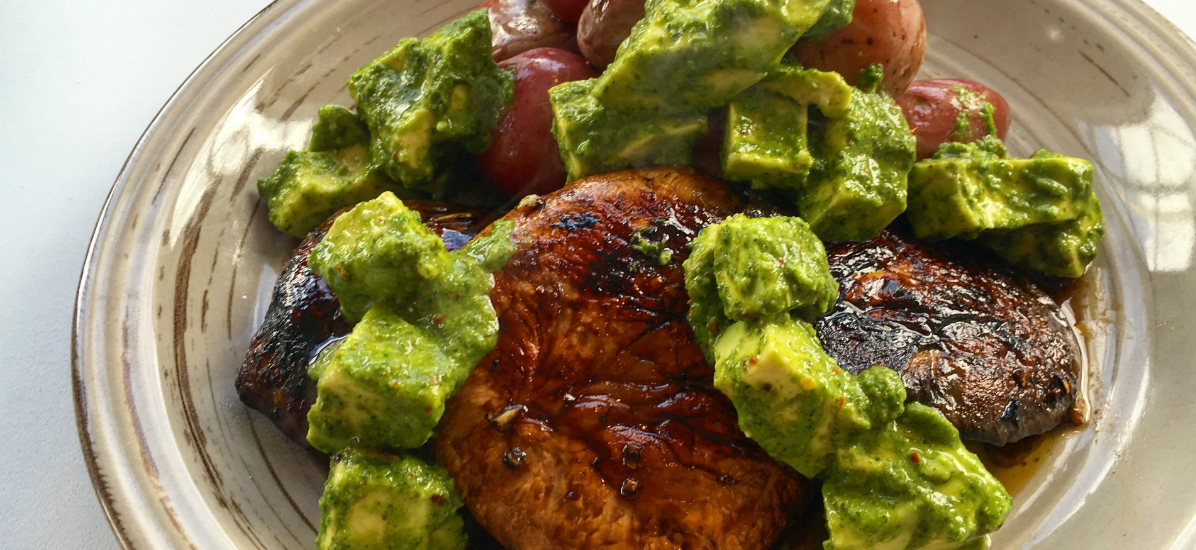 Portobello steaks with avocado chimichurri and gourmet potatoes