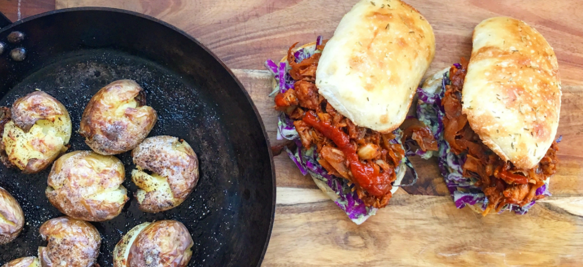 BBQ pulled jackfruit burger with smashed potatoes