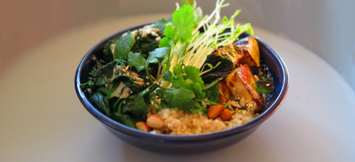 Roast pumpkin and quinoa Buddha bowl with maple tahini dressing