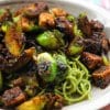 Black pepper tofu with charred Brussels sprouts and green tea soba noodles