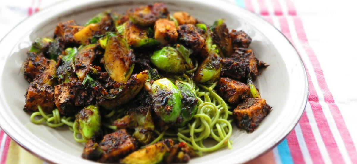 Black pepper tofu with charred Brussels sprouts and green tea soba noodles