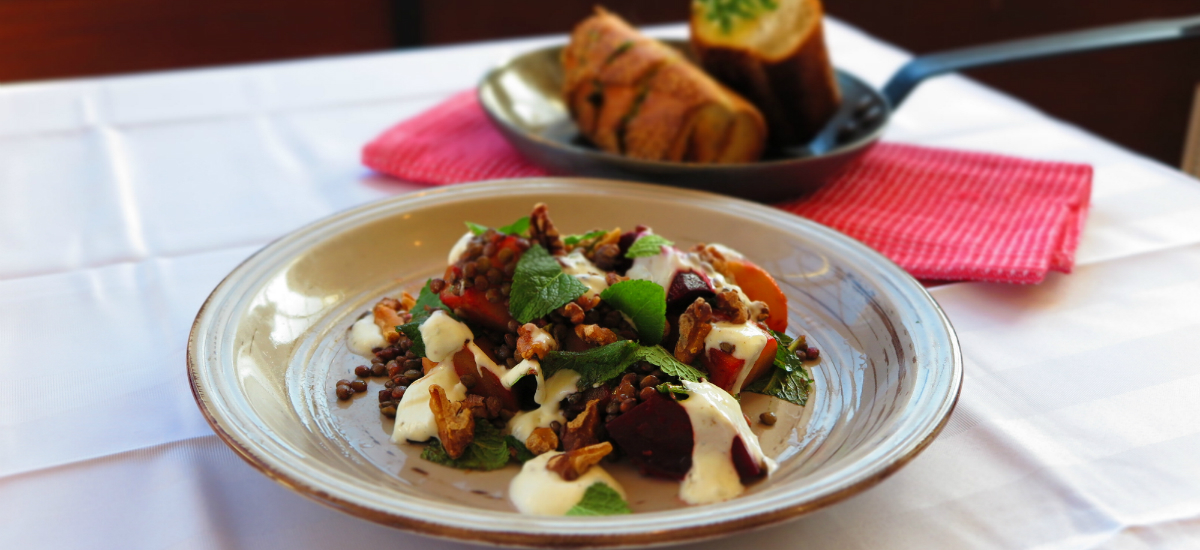 Lentil, beetroot and mint salad with pomegranate molasses and herbed garlic bread