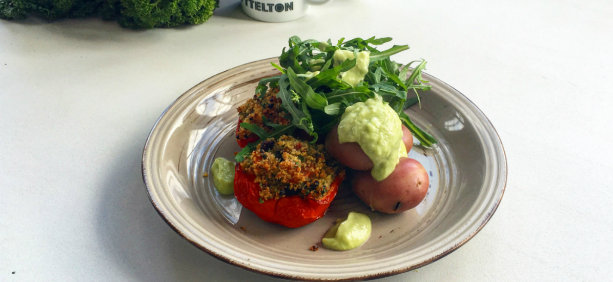 Stuffed peppers with potato rocket salad and avocado dressing