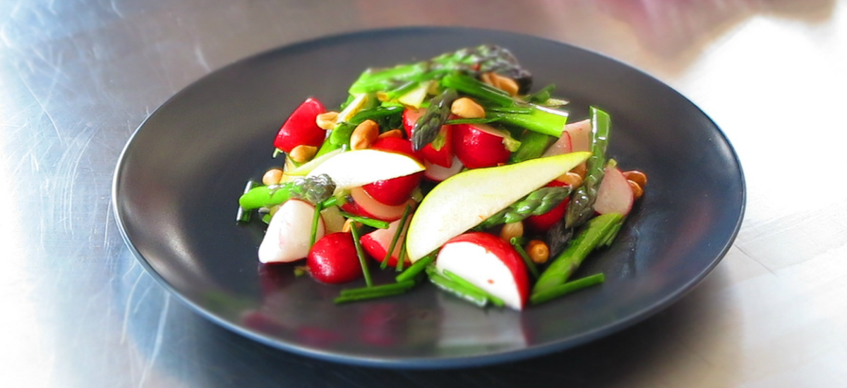 Asparagus, pear and peanut salad with crispy Szechuan tofu