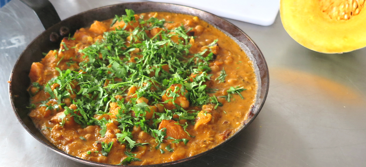 Braised pumpkin and chickpeas with preserved lemon harissa and brown rice