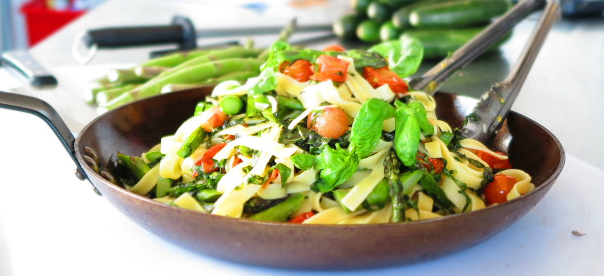 Asparagus and lemony tomato pasta with black pepper Parmesan
