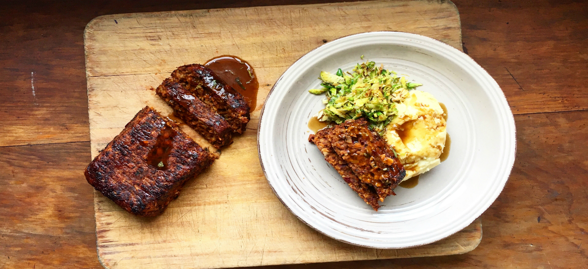 BBQ mushroom and bean loaf with mash, gravy and Brussels sprouts