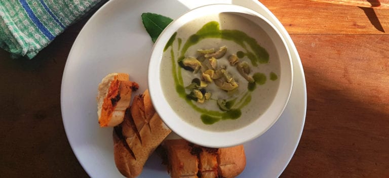 Jerusalem artichoke soup with green olives and sundried tomato garlic bread