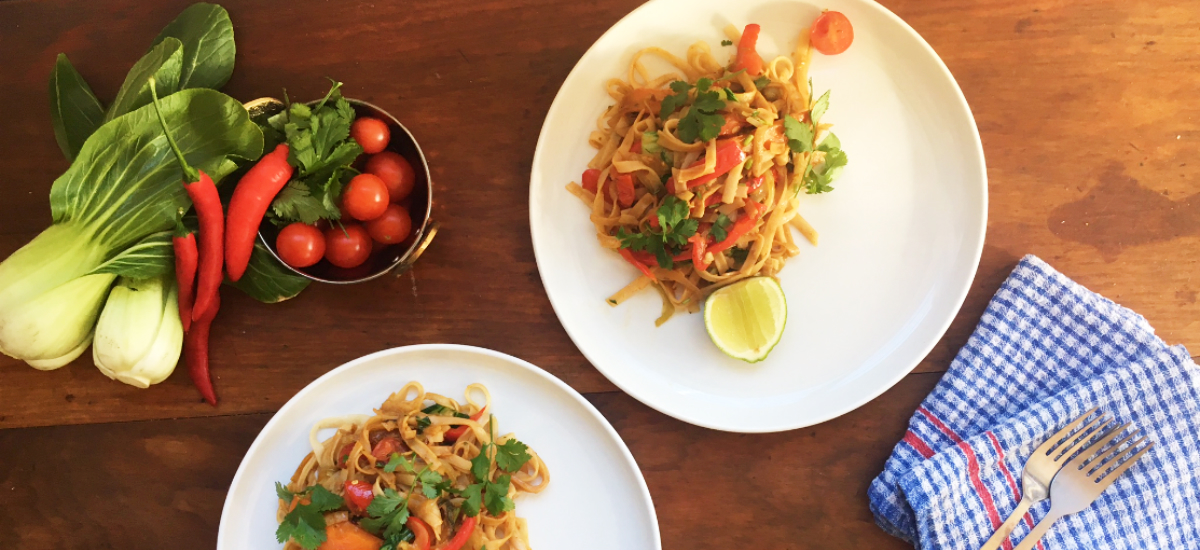 Bangkok noodles with pak choi, cherry tomatoes and holy basil infused soy