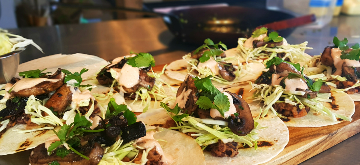 Black bean and garlic mushroom tacos with chipotle yoghurt