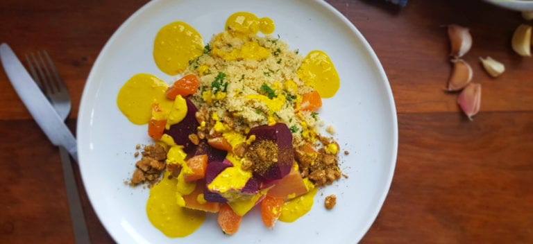 Organic beetroot, tabouleh and green apple with fresh turmeric yoghurt and dukkah