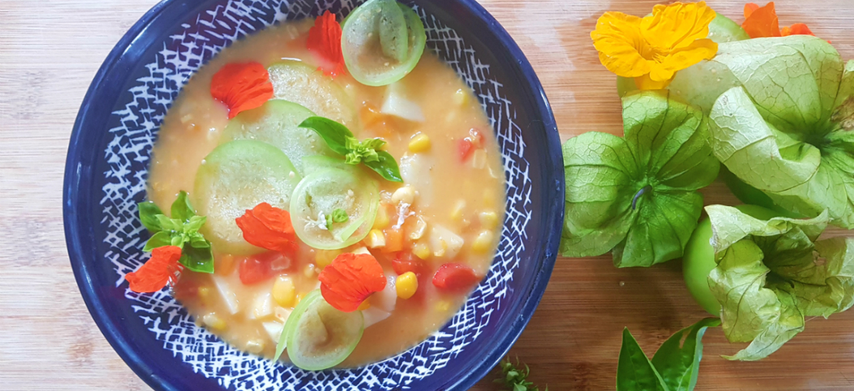 Creamy sweet corn chowder with roast tomato verde