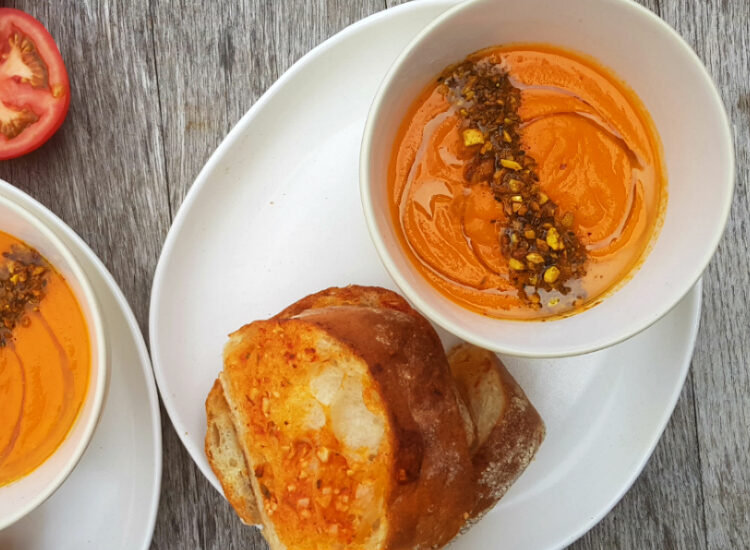 Tomato and borlotti bean soup with sundried tomato garlic bread and hazelnut dukkah