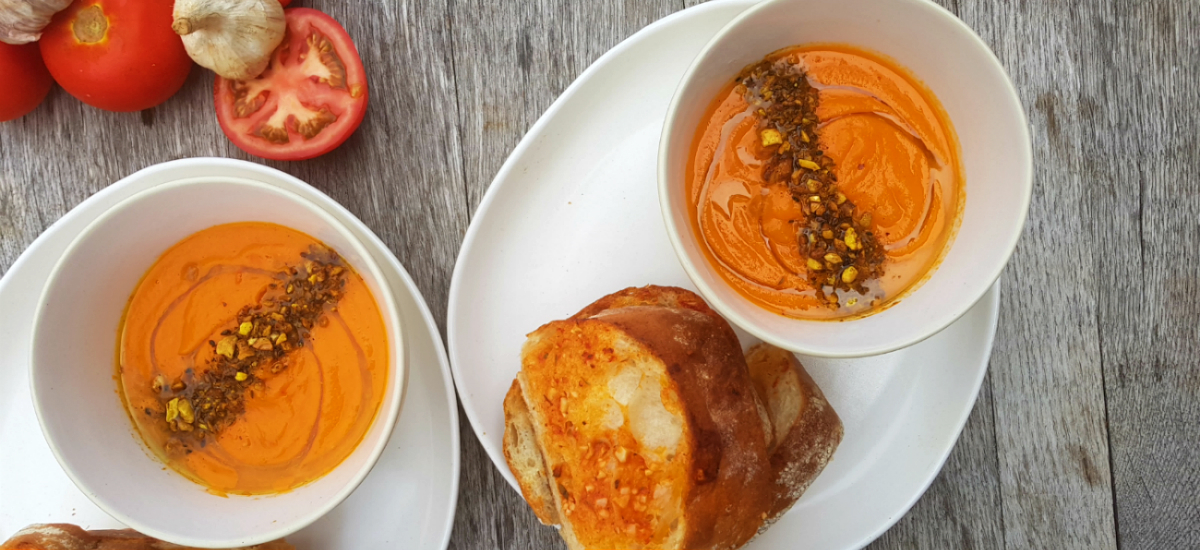 Tomato and borlotti bean soup with sundried tomato garlic bread and hazelnut dukkah