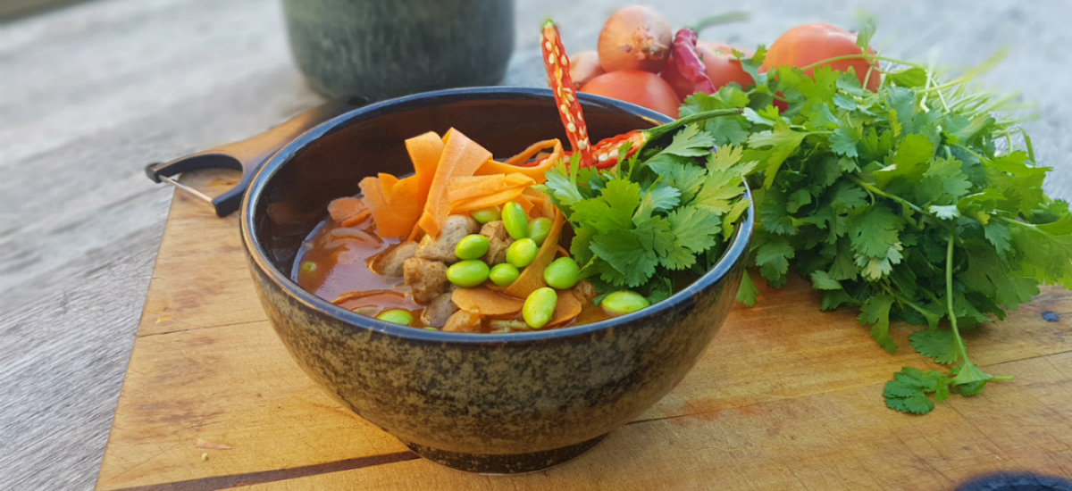 Tom Yum Soup served with kaffir lime, turnip, buckwheat noodles and mushrooms