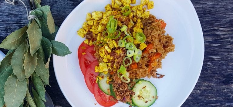 Nasi goreng with scrambled tofu, tamarind and sweet soy