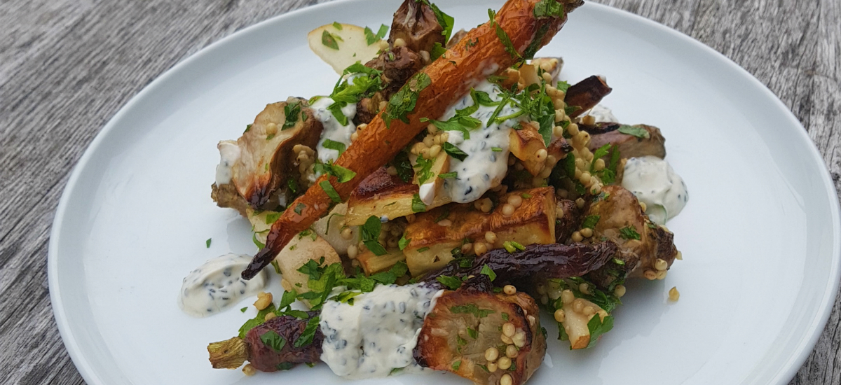 Jerusalem artichoke, baby carrot, and sorghum salad with walnut dressing, pear, and nigella maple yoghurt