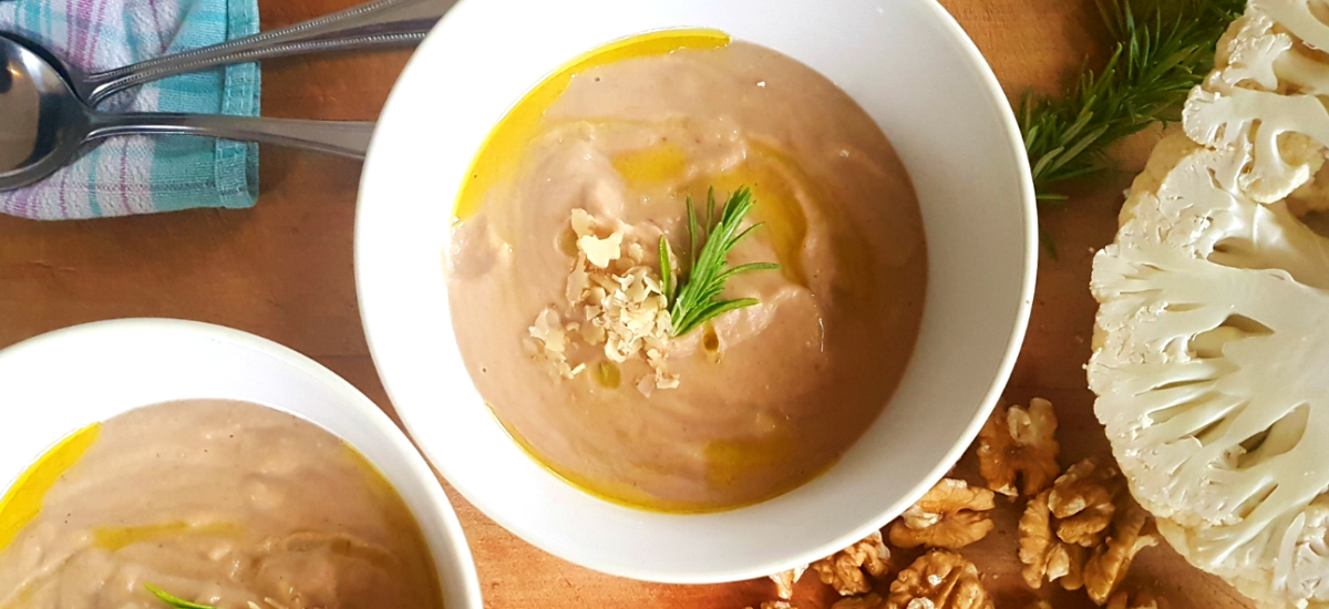 Cauliflower and Canterbury walnut soup with walnut oil and Bellbird sourdough