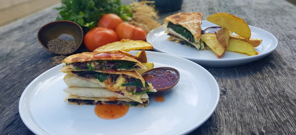 Spinach and mushroom quesadillas with Angel Foods cheddar, wedges and salsa