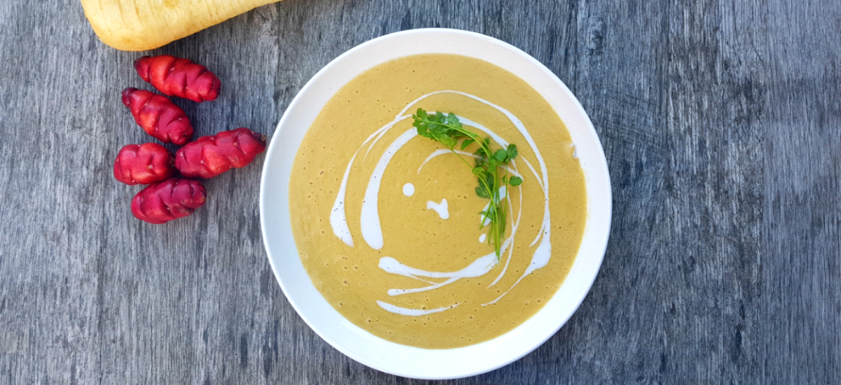 Garam masala parsnip, pear and yam soup with Bellbird sourdough