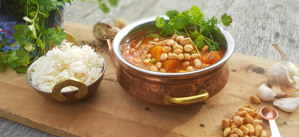Kumara and peanut curry with broccoli, basmati rice and peanuts
