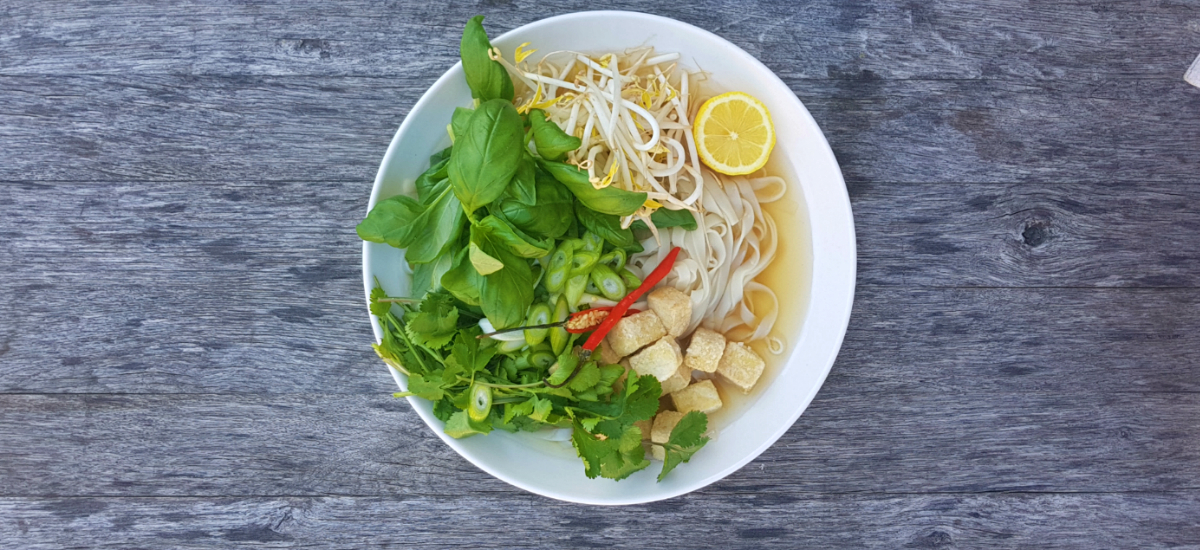 Pho with crispy tofu, Thai basil, coriander and bean sprouts