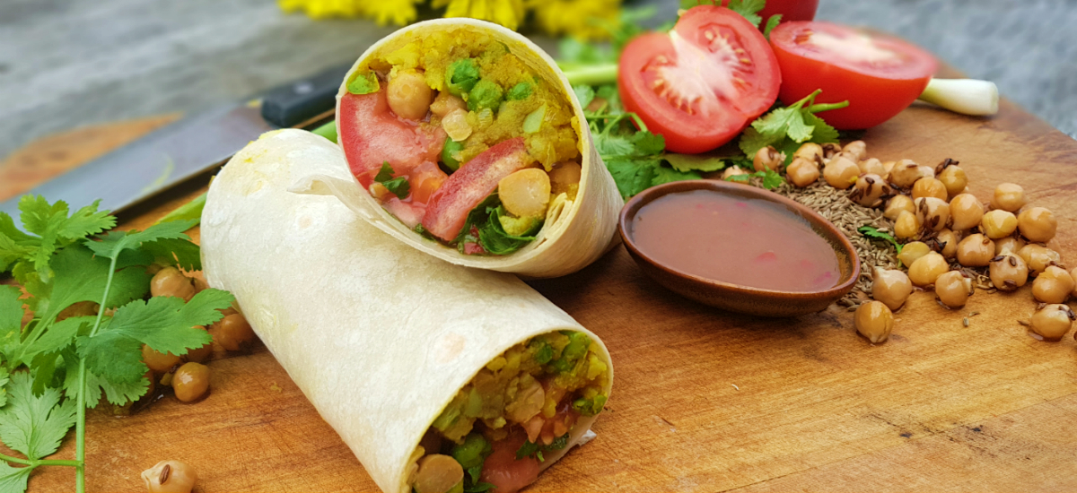 Samosa burrito with roast chickpea and tamarind sauce