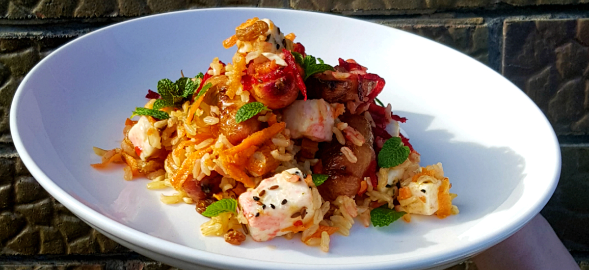 Brown rice, kumara, almond and marinated feta salad