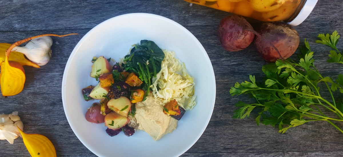 Autumn Bowl with sauerkraut, brown rice, roast beetroot, hummus and gremolata