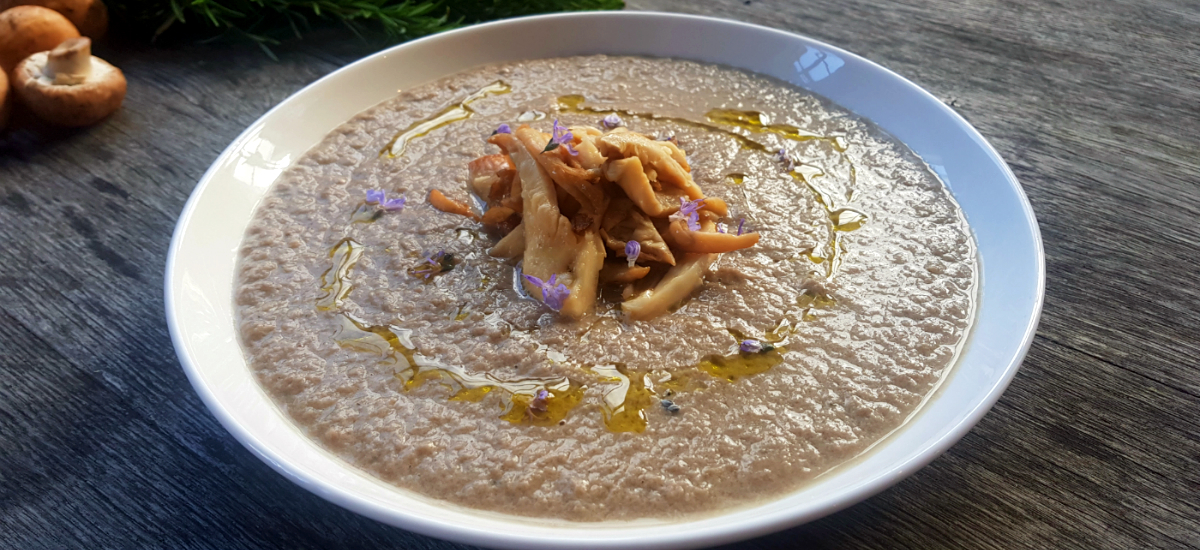 Three mushroom soup - shiitake, button, oyster with oak leaf salad