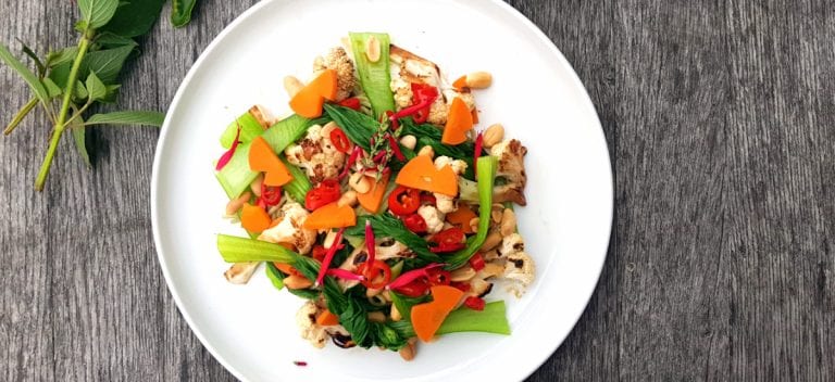 Kung pao cauliflower with peanuts and green tea soba noodles
