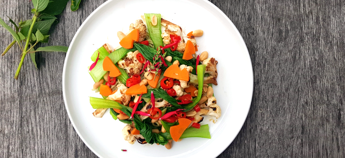 Kung pao cauliflower with peanuts and green tea soba noodles