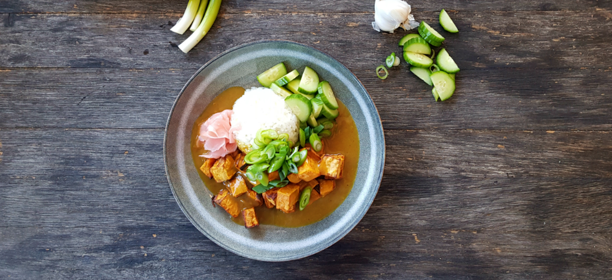 Japanese curry bowl with kumara, carrot, curried gravy and pickled ginger