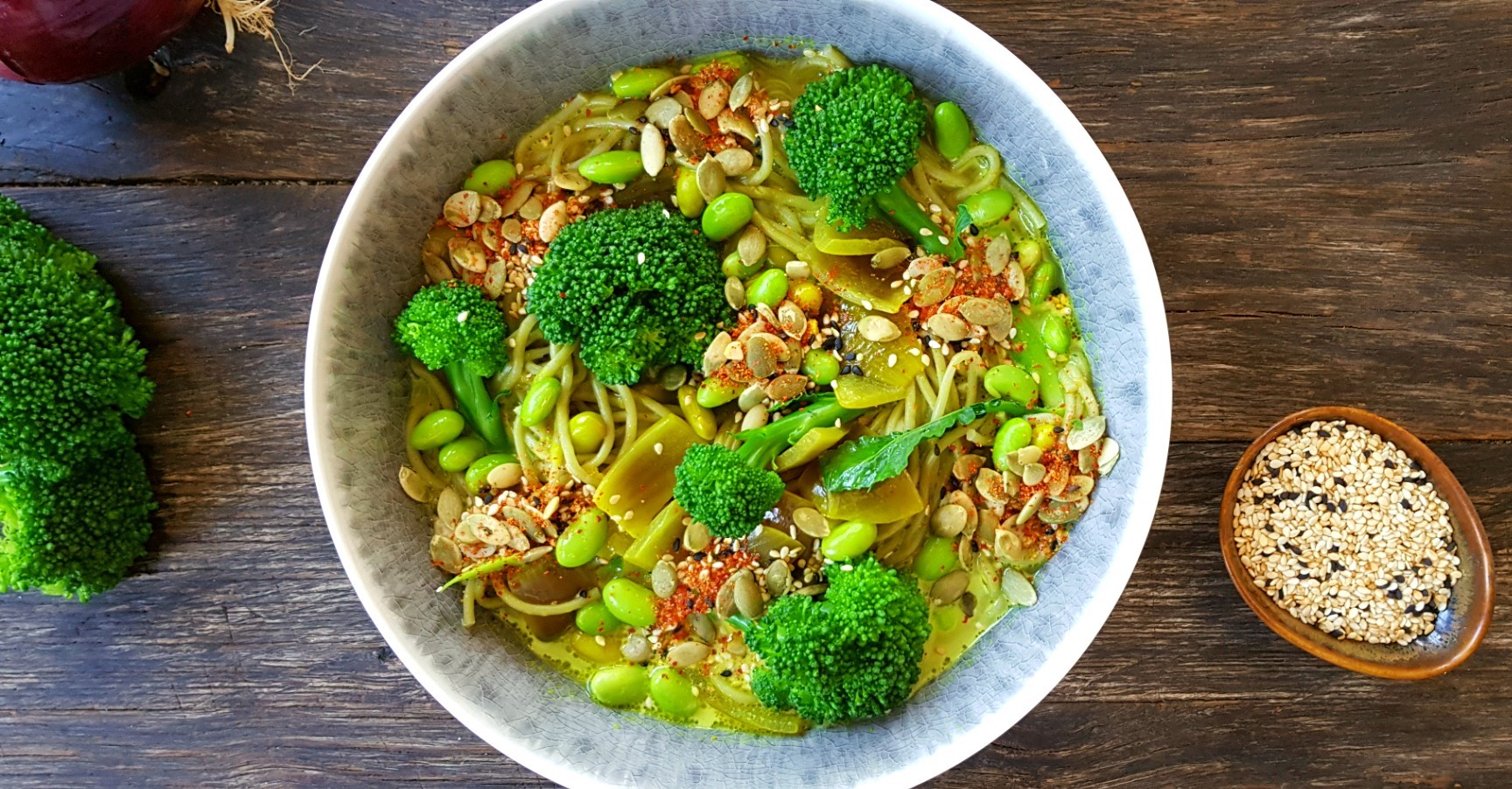 Japanese noodle curry, broccoli, edamame, tōgarashi sunflower seeds