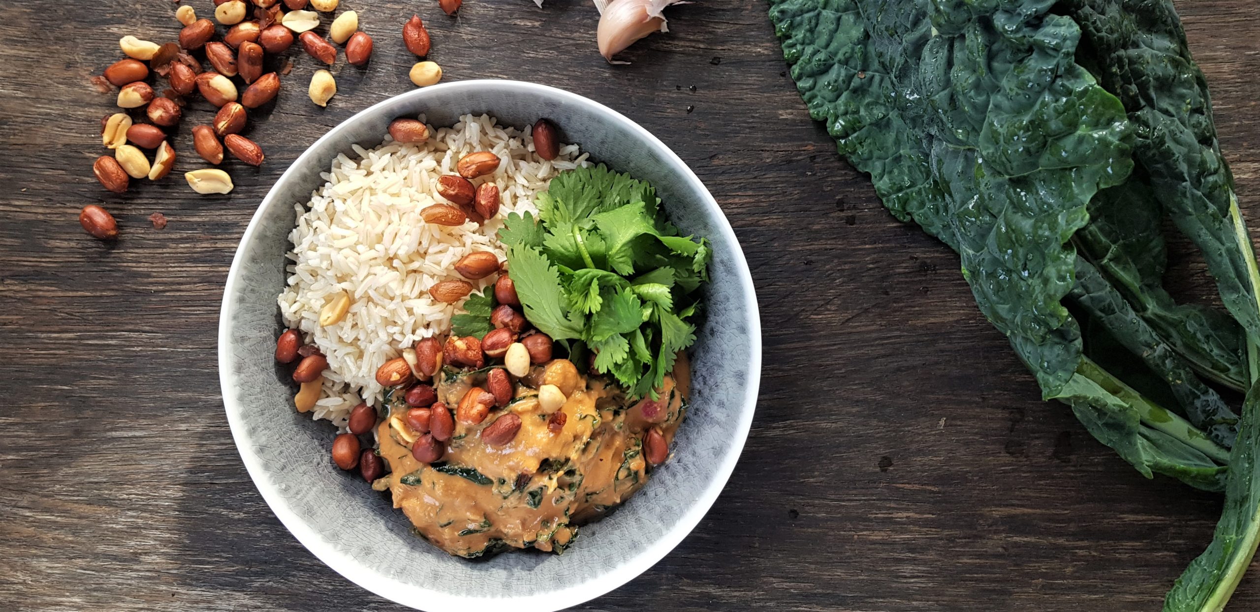 West African peanut stew with organic kale and brown rice