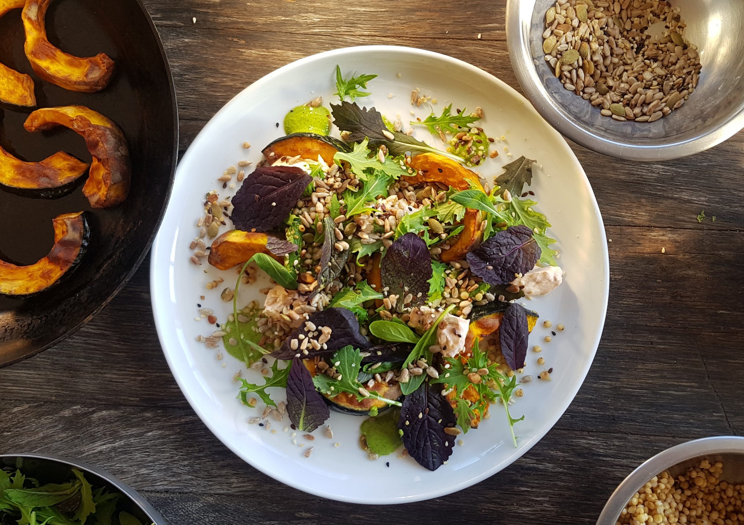 Roast buttercup salad with chili yoghurt, coriander puree, green beans and quinoa