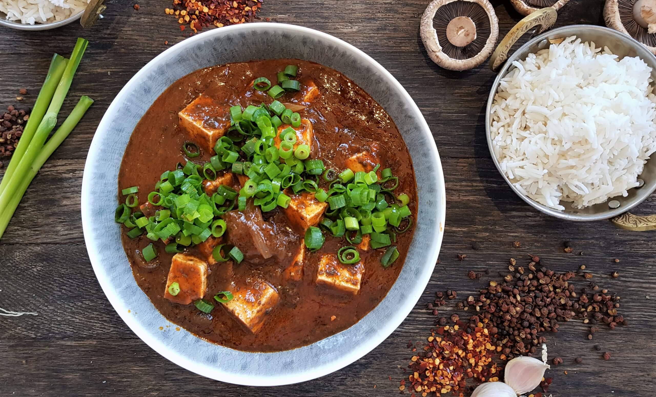 Sichuan mushroom mapo tofu, leeks and long grain rice