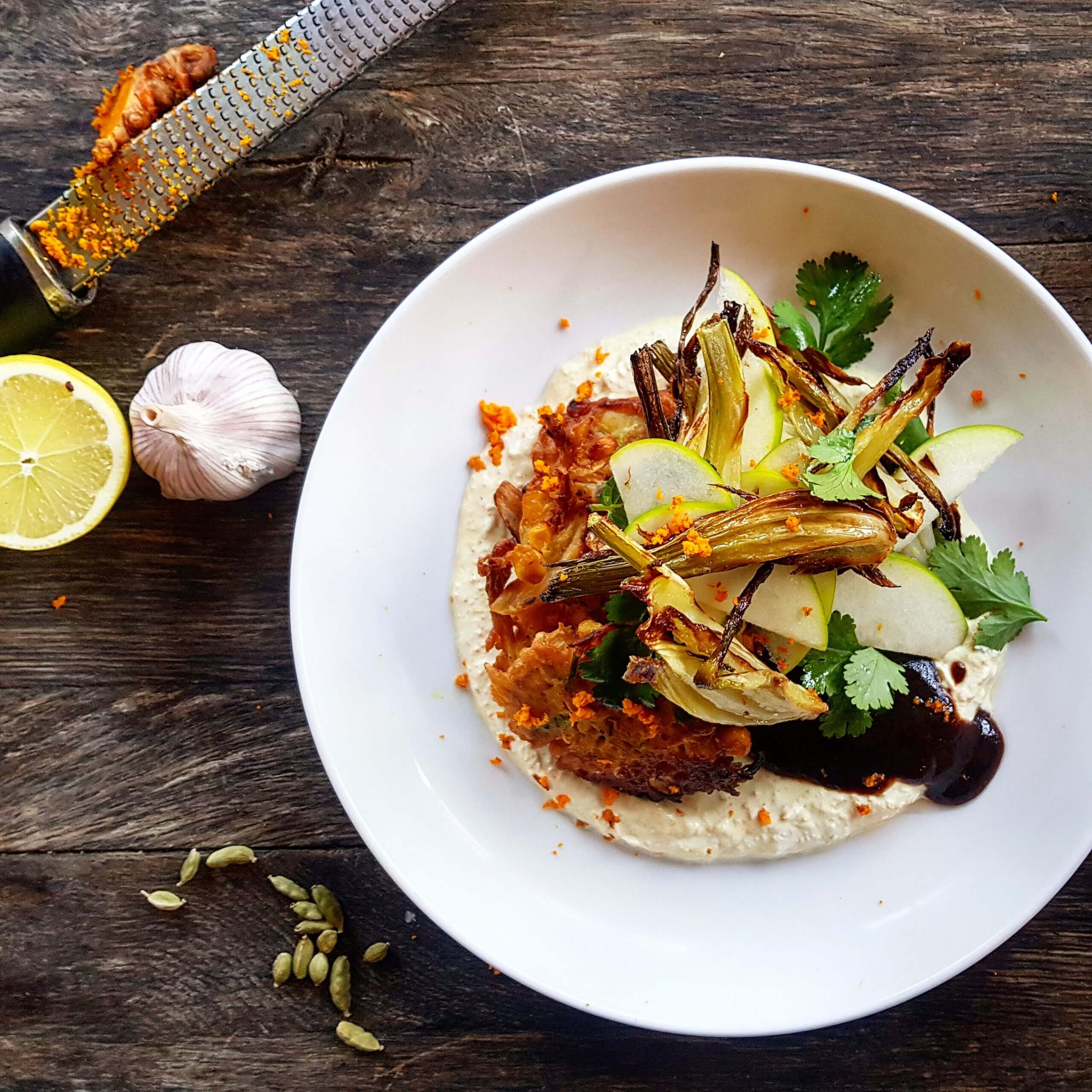 Corn and onion bhaji, fresh turmeric yoghurt, roast fennel, green apple, mint and coriander salad with date and tamarind sauce