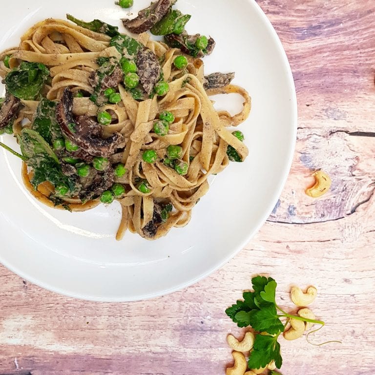 Smoky mushroom fettuccine with zesty peas and baby spinach