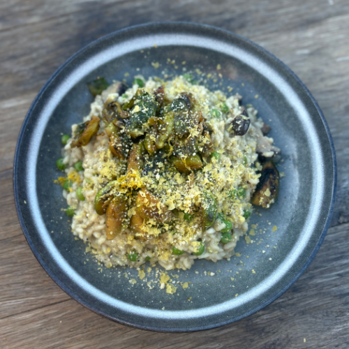 Mushroom and pea risotto with glazed brussel sprouts